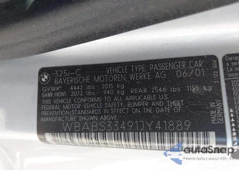 2001 BMW 325Ci из США, поврежденный, VIN WBABS33491JY41889